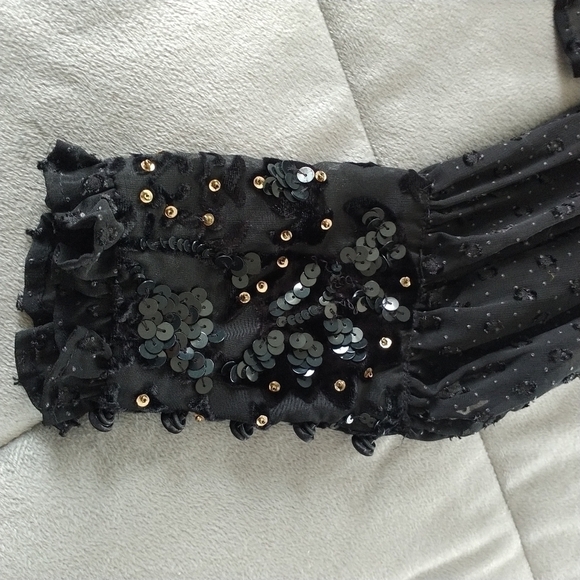 Zara Plumetis Black Jacket w Sequins and Beaded Tassels XS - Picture 6 of 12